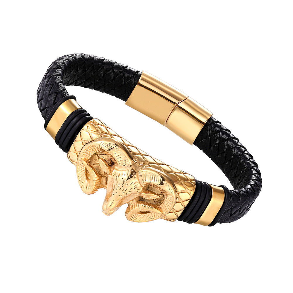 European And American Popular Men's Constellation Stainless Steel Leather Bracelet Woven Fashion Titanium Steel Leather Rope Bracelet Men's Wholesale
