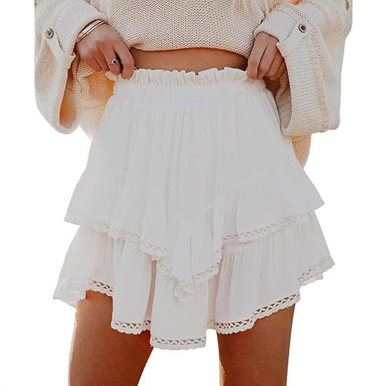 Women's Casual Bohemian Pleated Layered Skirt Fashionable High-Waisted Solid Color Mini Skirt