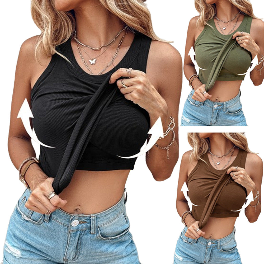 New Style Solid Color Vest With Bra Crewneck Women's Sexy Bottoming Inner Wearing Top