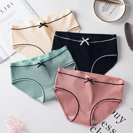 Factory Direct Cotton Panties Ladies Threaded Cotton Bow Breathable Sexy Mid-waist Girls Japanese Briefs