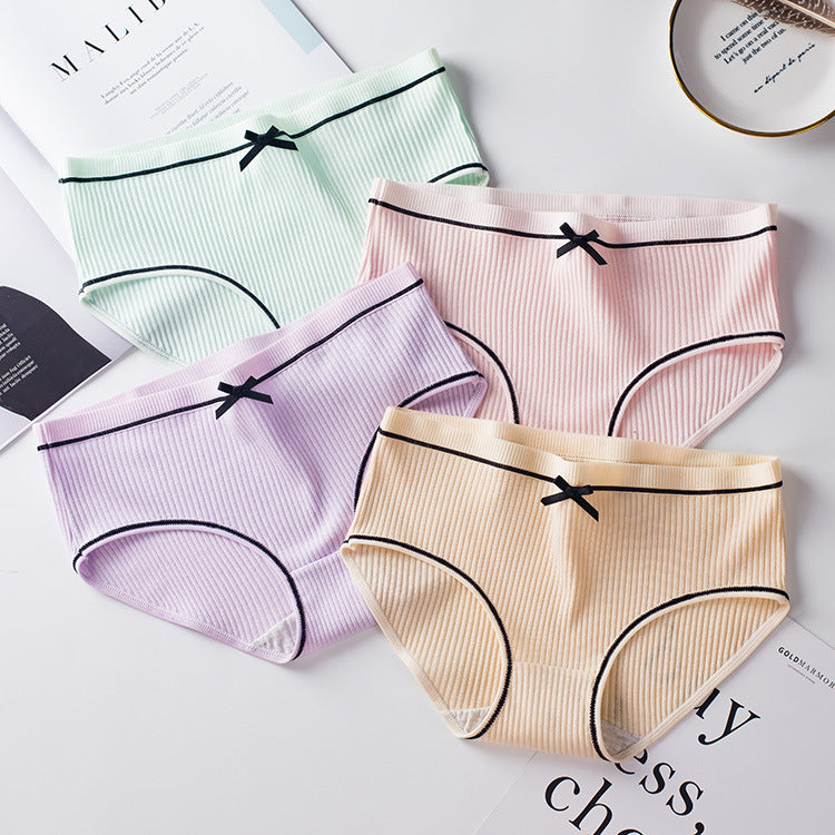 Factory Direct Cotton Panties Ladies Threaded Cotton Bow Breathable Sexy Mid-waist Girls Japanese Briefs