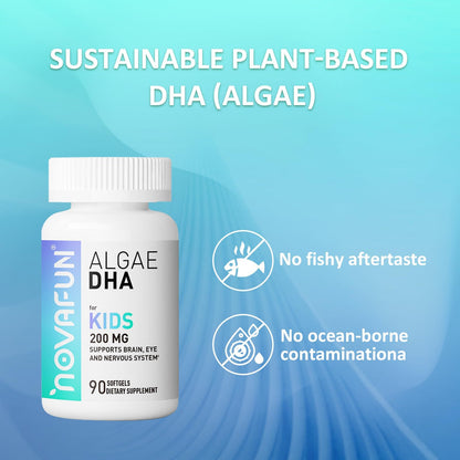 Novafun Algal sourced Omega-3&amp; DHA Softgels for Kids, Brain, Eye and Heart Health, Cognitive &amp; Immune Function, Learning, Social Development - Non-GMO - 200 mg - 45 Day Supply - 90 ct