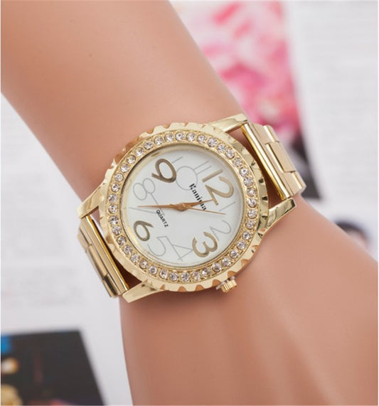 Wish Explosive Fashion Ladies Alloy Diamond Watch Gear Steel Belt Quartz Watch Men&#039;s Watch Factory Direct Supply