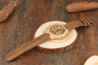 Women&#039;s Engraved Bamboo Photo Watch Wooden Leather Strap 40mm