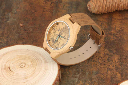 Women&#039;s Engraved Bamboo Photo Watch Wooden Leather Strap 40mm