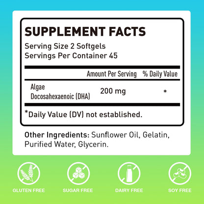 Novafun Algal sourced Omega-3&amp; DHA Softgels for Kids, Brain, Eye and Heart Health, Cognitive &amp; Immune Function, Learning, Social Development - Non-GMO - 200 mg - 45 Day Supply - 90 ct