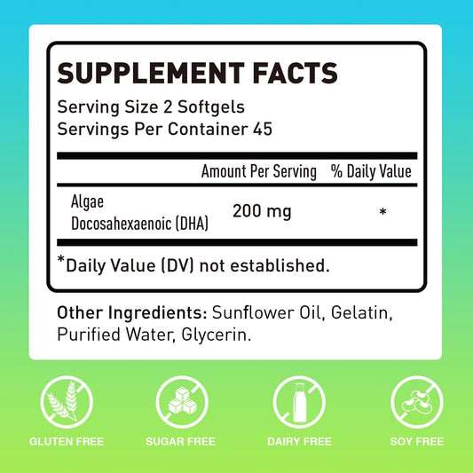 Novafun Algal sourced Omega-3&amp; DHA Softgels for Kids, Brain, Eye and Heart Health, Cognitive &amp; Immune Function, Learning, Social Development - Non-GMO - 200 mg - 45 Day Supply - 90 ct