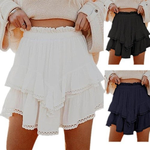 Women&#039;s Casual Bohemian Pleated Layered Skirt Fashionable High-Waisted Solid Color Mini Skirt
