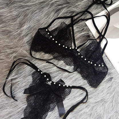 European And American Lace Sexy Panties, Beaded Plus Size Strap Bra, No Steel Ring, Small Chest, Women&amp;#039;s Underwear Set