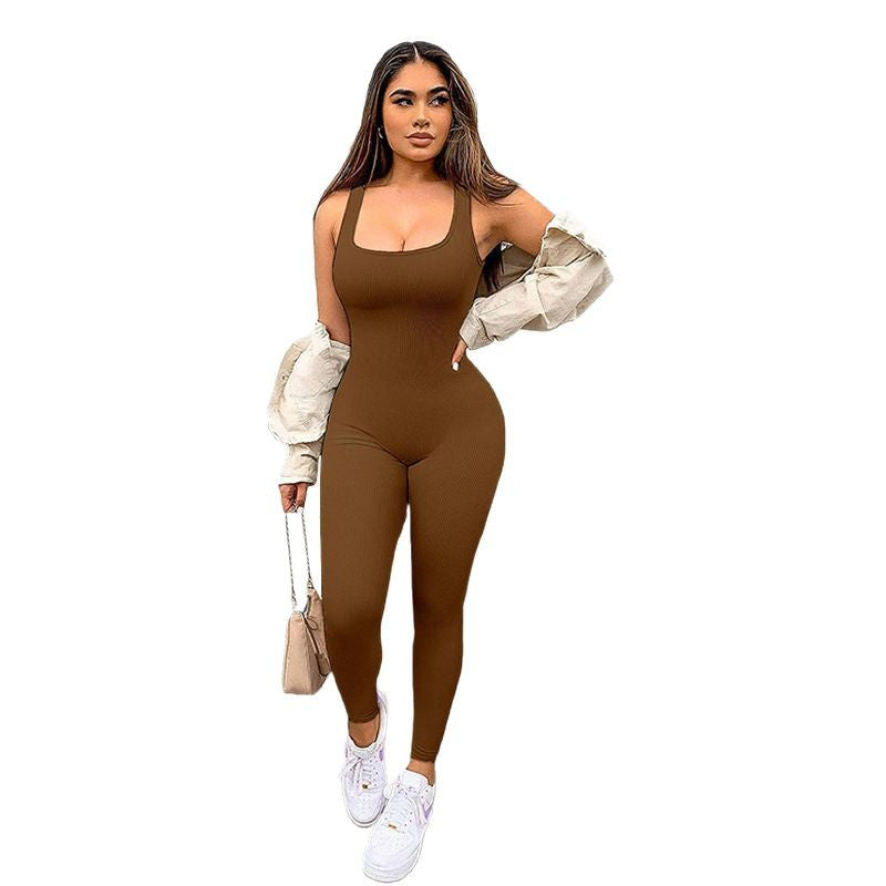 Belly Tinting Peach Hip Hip Hip Yoga Suit Removable Chest Pad Square Collar Jumpsuit Outer Wear Sports Fitness Jumpsuit