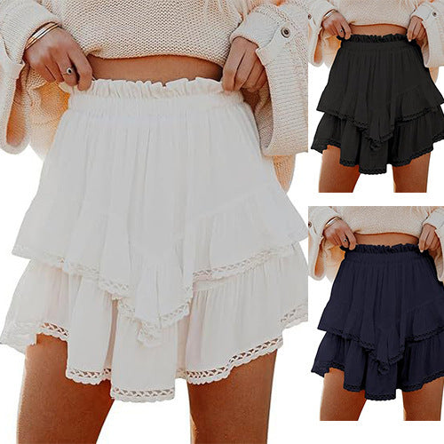 Women&#039;s Casual Bohemian Pleated Layered Skirt Fashionable High-Waisted Solid Color Mini Skirt