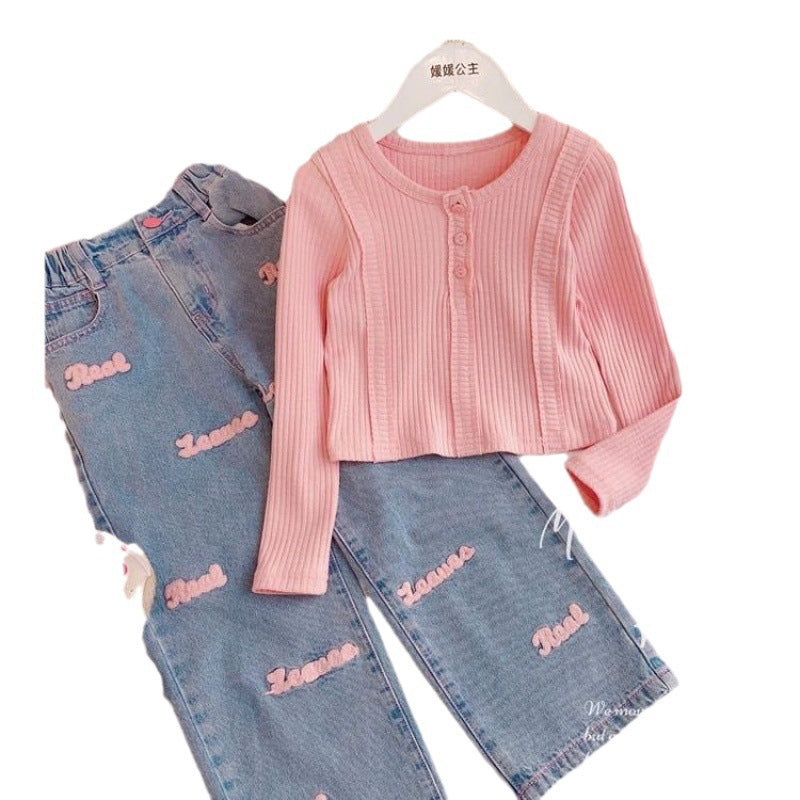 Girls Suit Baby New Korean Style Western Style Girl Long-Sleeved Top Two-Piece Set Kidsren&#039;s Autum Big Kidsren&#039;s Jeans