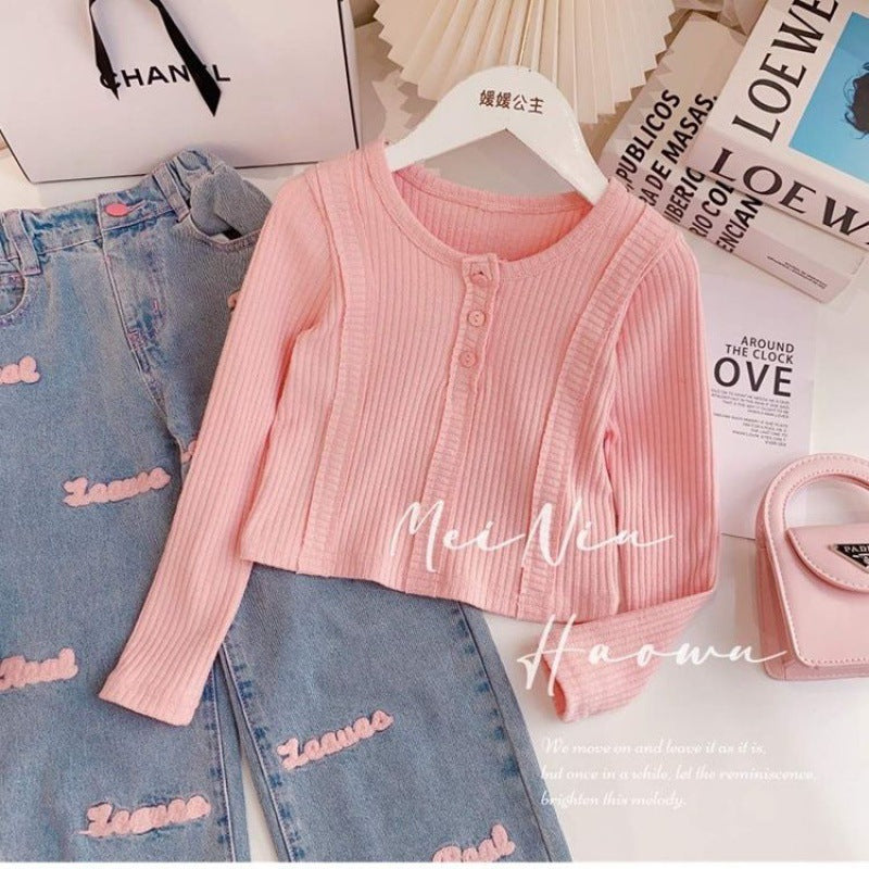 Girls Suit Baby New Korean Style Western Style Girl Long-Sleeved Top Two-Piece Set Kidsren&#039;s Autum Big Kidsren&#039;s Jeans