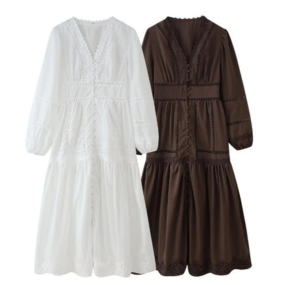 Cross-border European And American Women&#039;s AliExpress Explosions Temperament V-neck Stitching Lace Hollow-out Design Sense Long Sleeve Waisted Dress