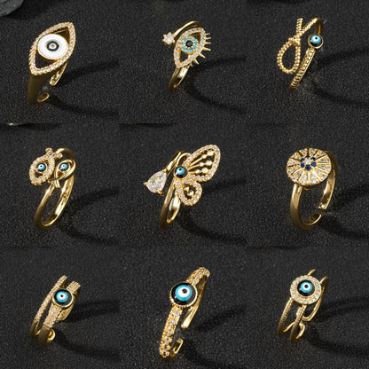 European And American Cross-border Jewelry Supply Copper Zircon Enamel Drop Oil Ring Female Evil Eye Retro Tail Ring Open Ring