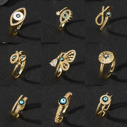 European And American Cross-border Jewelry Supply Copper Zircon Enamel Drop Oil Ring Female Evil Eye Retro Tail Ring Open Ring