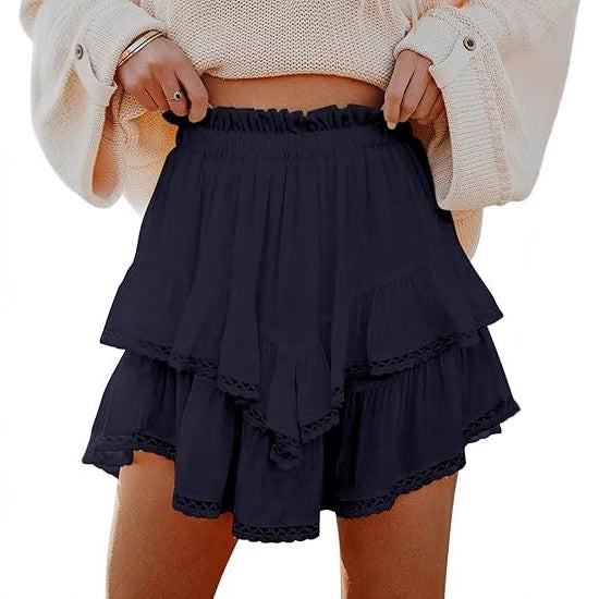 Women&#039;s Casual Bohemian Pleated Layered Skirt Fashionable High-Waisted Solid Color Mini Skirt