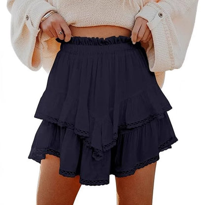 Women&#039;s Casual Bohemian Pleated Layered Skirt Fashionable High-Waisted Solid Color Mini Skirt