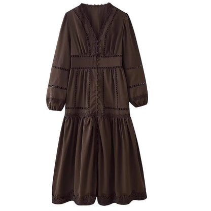 Cross-border European And American Women&#039;s AliExpress Explosions Temperament V-neck Stitching Lace Hollow-out Design Sense Long Sleeve Waisted Dress
