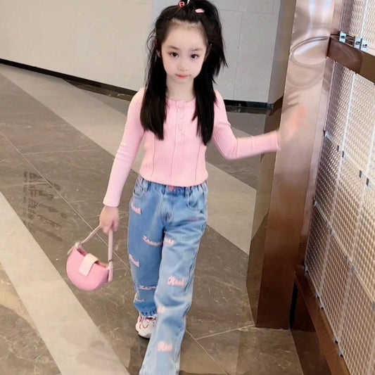Girls Suit Baby New Korean Style Western Style Girl Long-Sleeved Top Two-Piece Set Kidsren&#039;s Autum Big Kidsren&#039;s Jeans