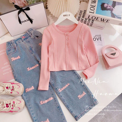 Girls Suit Baby New Korean Style Western Style Girl Long-Sleeved Top Two-Piece Set Kidsren&#039;s Autum Big Kidsren&#039;s Jeans