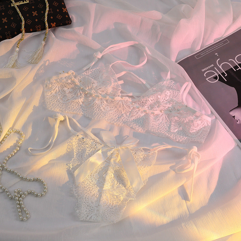 European And American Lace Sexy Panties, Beaded Plus Size Strap Bra, No Steel Ring, Small Chest, Women&amp;#039;s Underwear Set