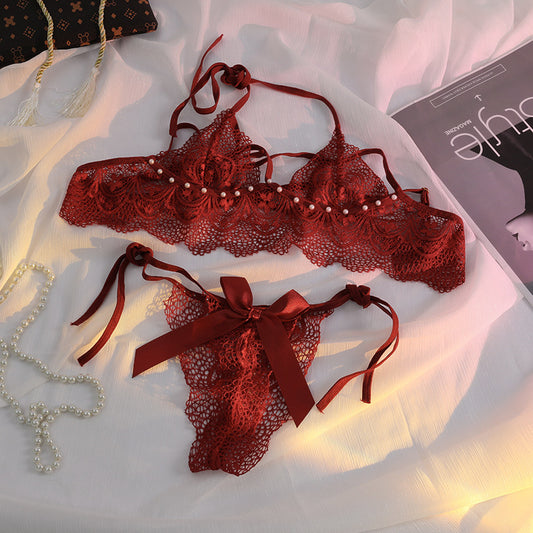 European And American Lace Sexy Panties, Beaded Plus Size Strap Bra, No Steel Ring, Small Chest, Women&amp;#039;s Underwear Set