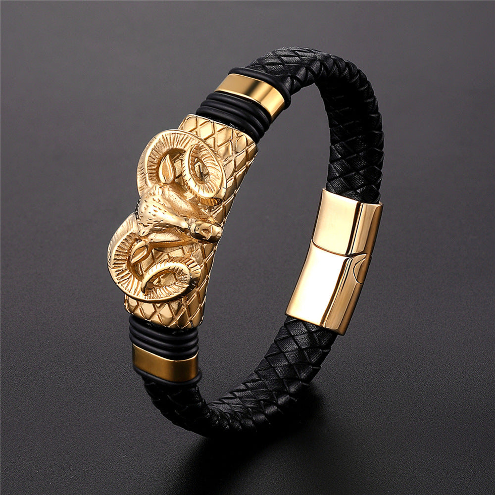 European And American Popular Men&#039;s Constellation Stainless Steel Leather Bracelet Woven Fashion Titanium Steel Leather Rope Bracelet Men&#039;s Wholesale