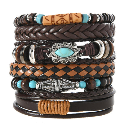 Wood Beads Beaded Multi-layer Vintage Flower Peacock Feather Heart-shaped Hand-woven 24-piece Bracelet